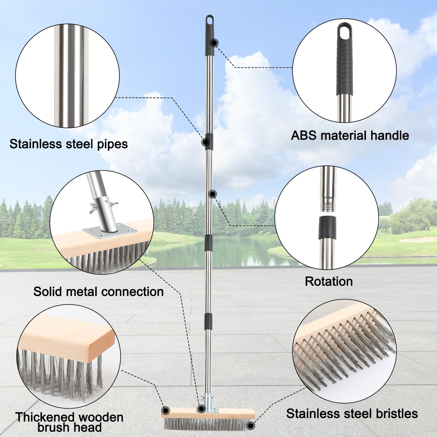 DTNESS 3-in-1 Crack Weeder Brush Tool Set, Stainless Steel Wire Broom w/ 2 Weed Remover Brush Heads+Scraper, 63" Heavy Duty Weeding Puller w/Adjustable Handle for Pavers, Deck, Concrete, Moss Removal