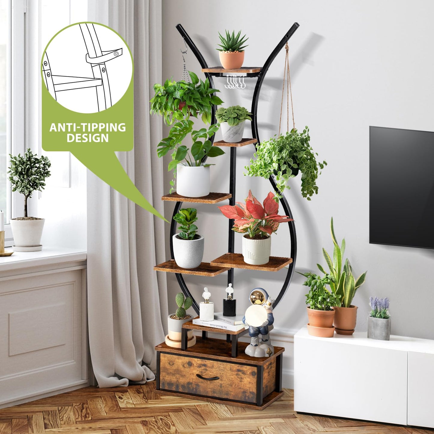 LOENIY 7-Tier Indoor Plant Stand with Hanging Hooks & Drawer, 68.1" Tall Vase-Shaped Corner Plant Stand includes Tool Hangers, Aesthetic Tall Plants Shelf for Multiple Plants Flower Pot, Outdoor Plant Holder in Patio Balcony