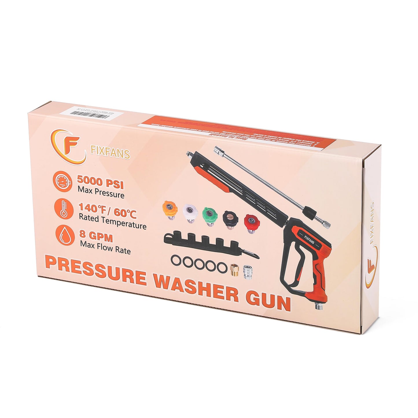 FIXFANS Pressure Washer Gun Kit, 5000PSI Power Washer Handle Gun with Replacement Wand Extension, High Pressure Spray Gun with 5 Nozzle Tips, M22 Fitting, 1/4" Quick Connect Female