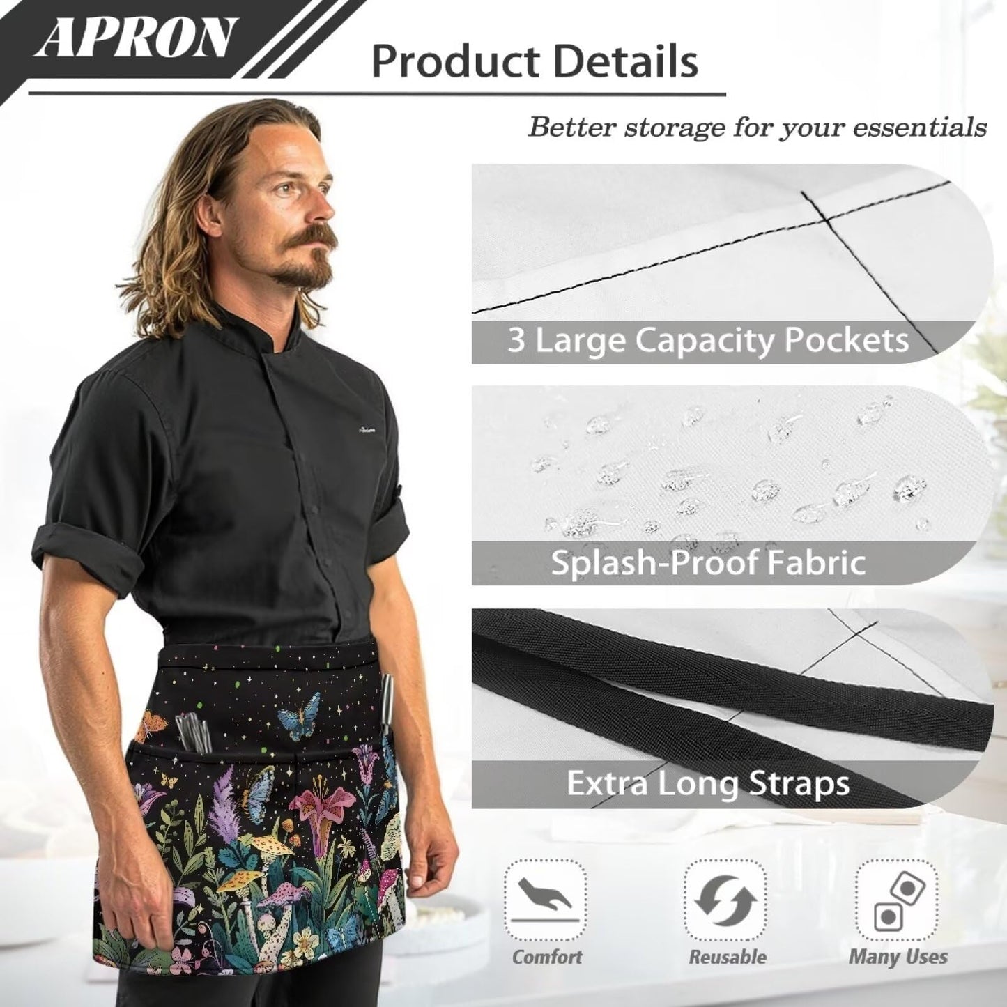 Yatixapu Server Waitress Waist Apron with 3 Pockets Flower Mushroom Waterproof Aprons 13 Inch Short Half Waist Aprons for Grilling Gardening Baking