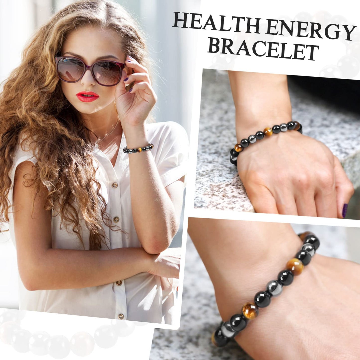 Denchy Triple Protection Bracelet, Tigers Eye - Black Obsidian and Hematite Beaded Bracelets for Men Women, Tourmaline Spiritual Natural Crystal Stone Luck Bracelet, Birthday Mother's Day Gift (8mm)