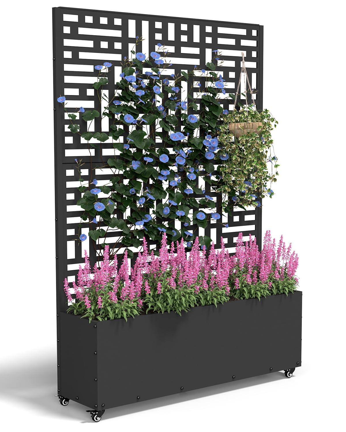 FOLAWO Metal Planter Box with Trellis,70.9"x47.2"x15.7" Raised Garden Bed with Drainage Holes, Privacy Planters for Outdoor Garden Bed for Climbing Plants,Vegetables,and Vines,Black-Modular