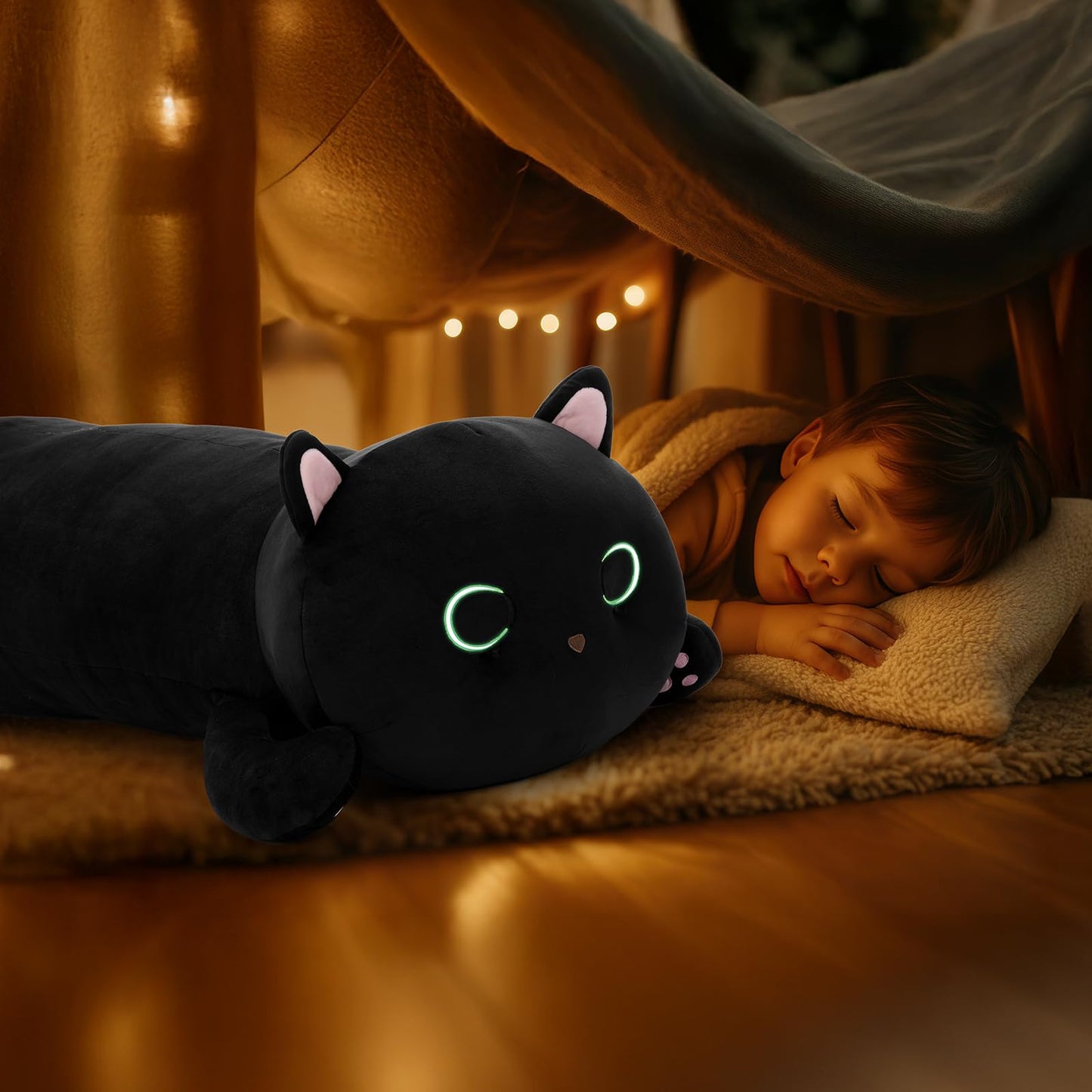 MaoGoLan Black Cat Plush Body Pillow, 44'' Giant Glow in The Dark Cat Stuffed Animal Toy for Girl Boy Kid, Big Cute Kitten Plush Throw Pillow for Birthday Gift, Baby Shower Party Favor Decor