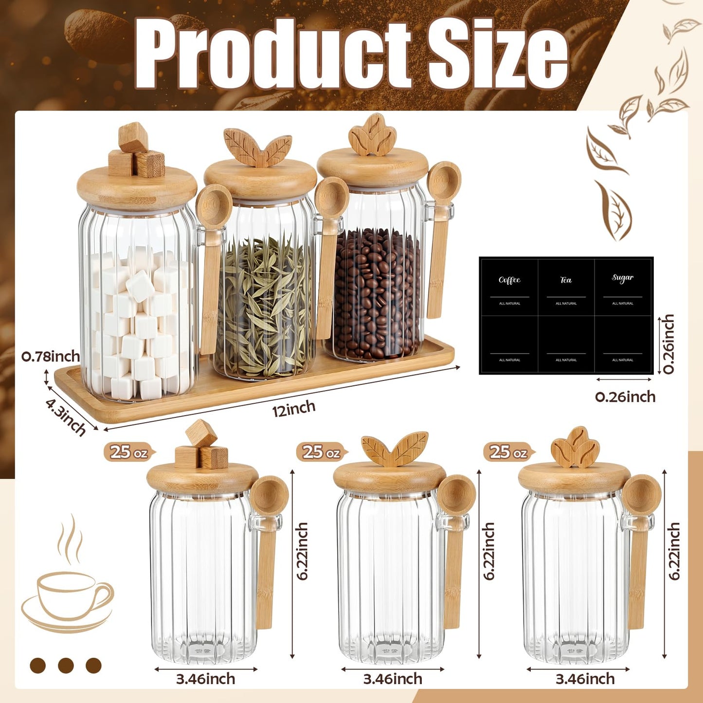 Suclain 3 Pcs Glass Coffee Container with Bamboo Color Lid & Spoon, 25 oz Airtight Glass Jar with Wooden Shelf, Food Storage Containers Coffee Jar Tea Container(Bamboo Color)