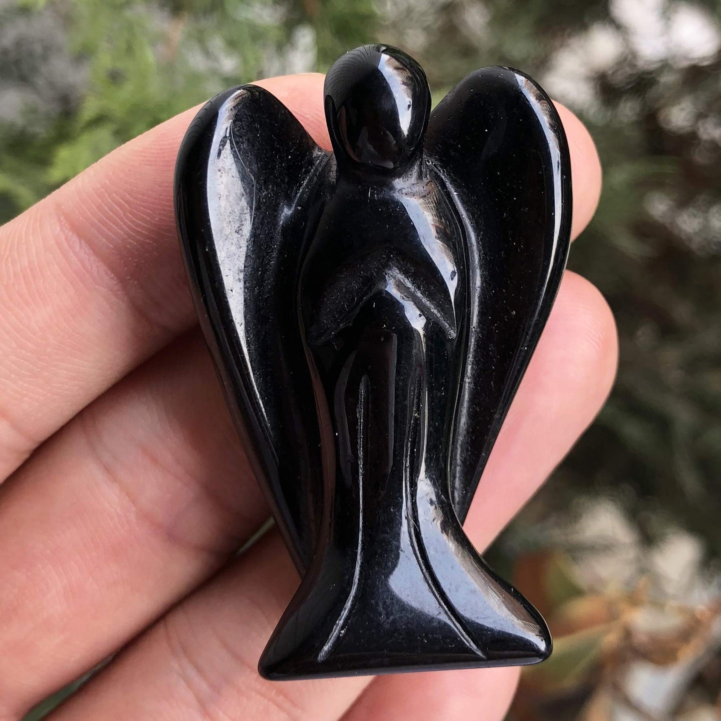 favoramulet 2 Inches Black Obsidian Pray Guardian Angel Statue, Carved Healing Peace Angel with Wing Figurine Pocket Stone