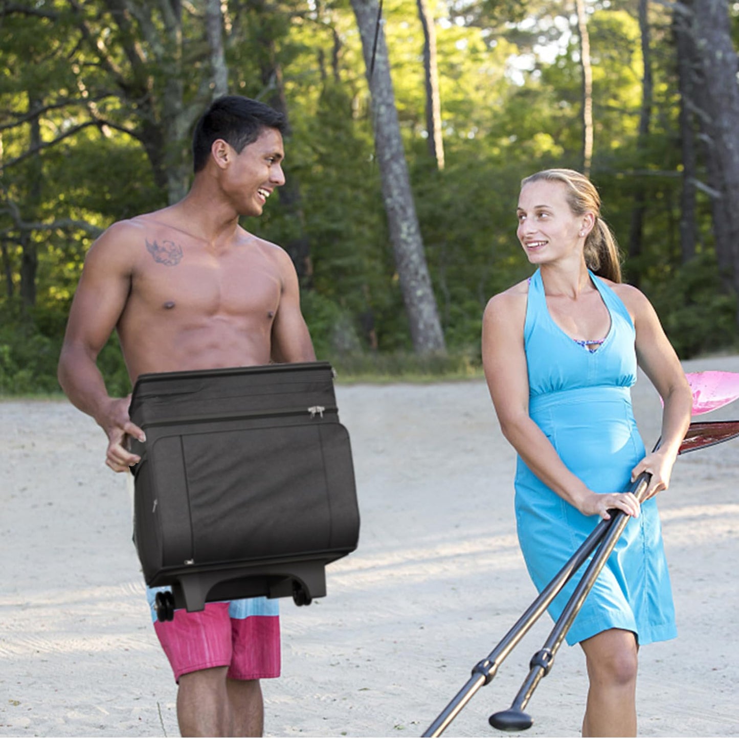 Cooler with Wheels and Handle, 50 Can Rolling Cooler, Portable Collapsible Soft Cooler with Wheels, Leakproof Insulated WheeledCooler for Beach, Camping, Patio Travel, Outdoor, Ball Fields