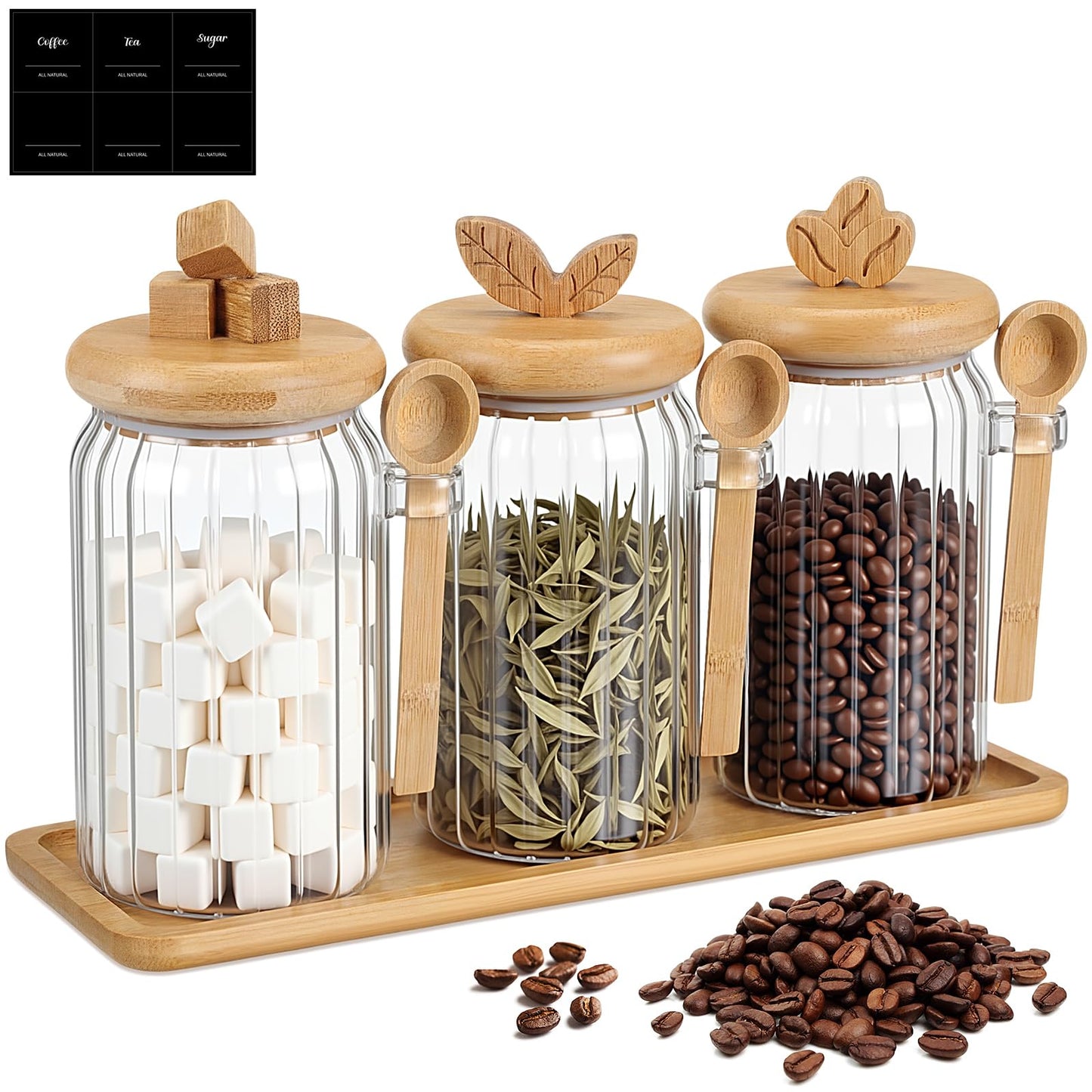 Suclain 3 Pcs Glass Coffee Container with Bamboo Color Lid & Spoon, 25 oz Airtight Glass Jar with Wooden Shelf, Food Storage Containers Coffee Jar Tea Container(Bamboo Color)