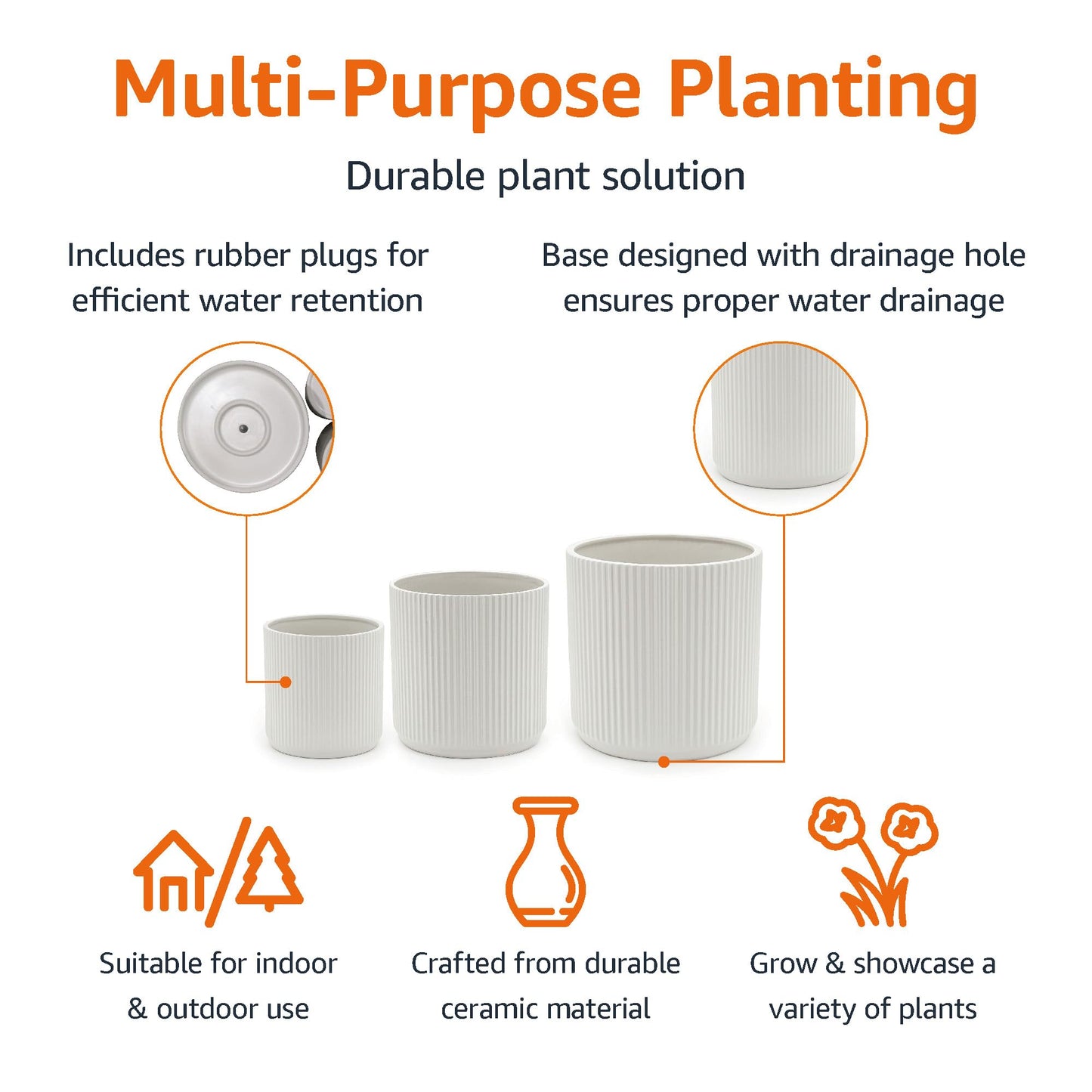 Amazon Basics Assorted Sizes Fluted Ceramic Round Indoor Outdoor Planters with Drainage Hole, Set of 3, Modern Design, 6 inch, 8 inch, 10 inch, White, Succulent Flower Pots
