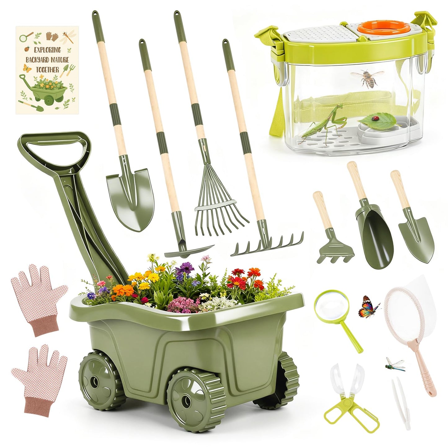 Dreamon Kids Gardening Tools & Bug Catcher Kit, 2-in-1 Outdoor Toys with Wheelbarrow and Bug House, STEM Educational Toys for 3 Year Old, Birthday Gifts Outdoor Gifts for Kids 3-5