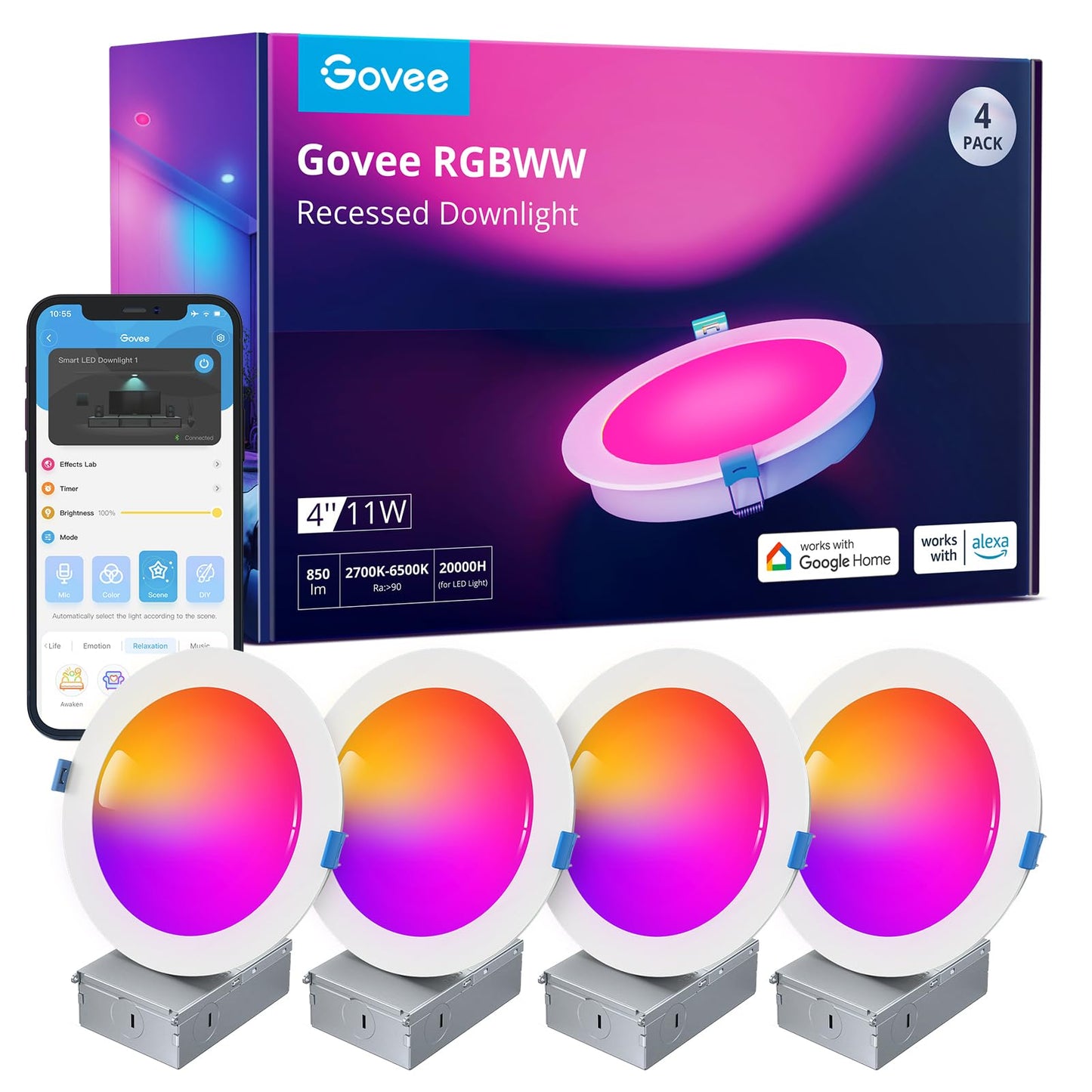 Govee Smart Recessed Lighting 4 Inch, Wi-Fi Bluetooth Direct Connect RGBWW LED Downlight, 65 Scene Mode, Work with Alexa & Google Assistant, LED Recessed Lighting with Junction Box, 850 Lumen, 4 Pack
