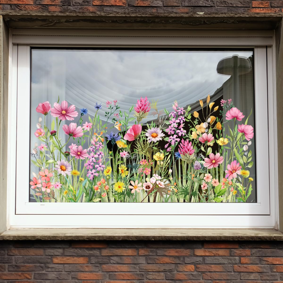 Colorful Wildflower Double-Sided Visual Window Stickers - Spring Summer Botanical Grass Decals PVC Static Cling Peel & Stick Removable Art Decals for Window Mirror Door,30 cm x 60 cm