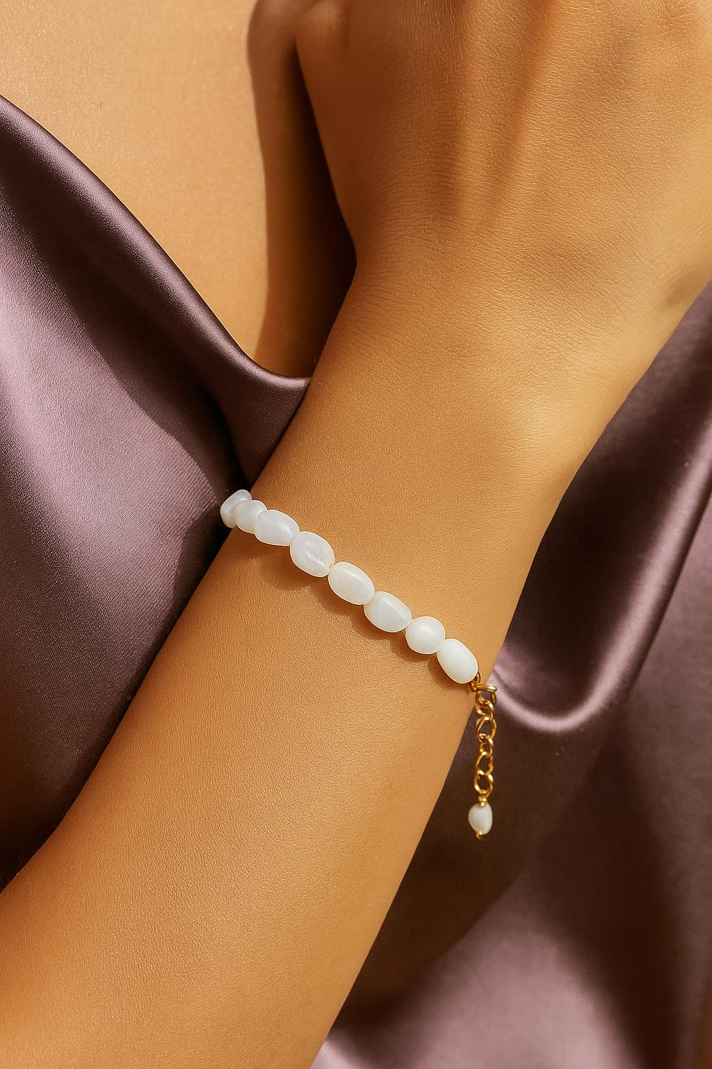 GEMSYMPHONY Rainbow Moonstone Gemstone Tumble Bracelet – Hypoallergenic Gold Plated Chain, 7+1 Inch Adjustable, Spring Ring Clasp, Handmade Crystal Bracelet for Women, Natural Stone Healing Jewelry