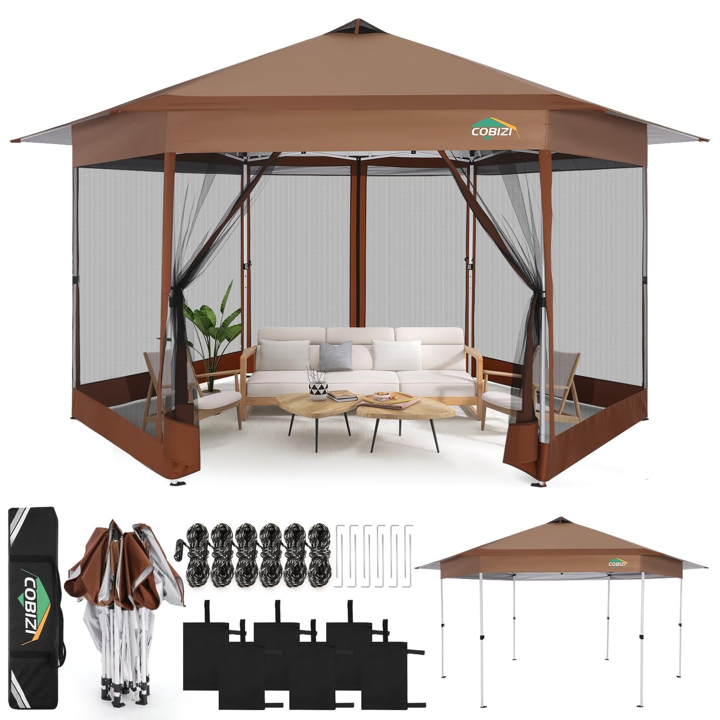 COBIZI 13x13 Pop up Gazebo, Hexagonal Outdoor Canopy Tent with Mosquito Netting, Portable 6-Sided Gazebo Tent, Waterproof, UV Resistant Height for Backyard, Gardens, Patio（Brown）