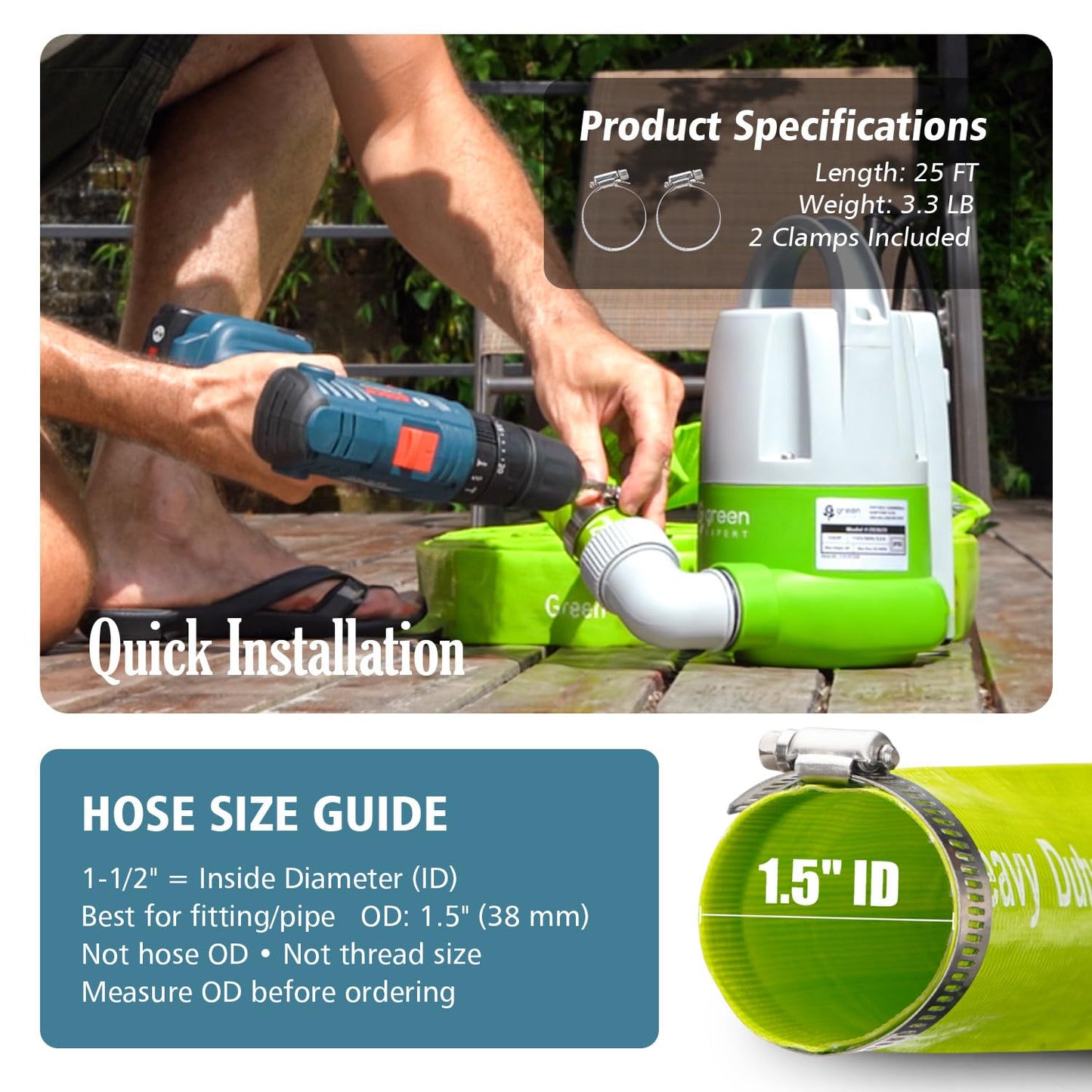 Green Expert 1.5 Inch ID PVC Lay-Flat Discharge Hose Sump Pump Accessory, 25 ft Basement Drain Hose for Water Removal, Steel Clamp Kit Included