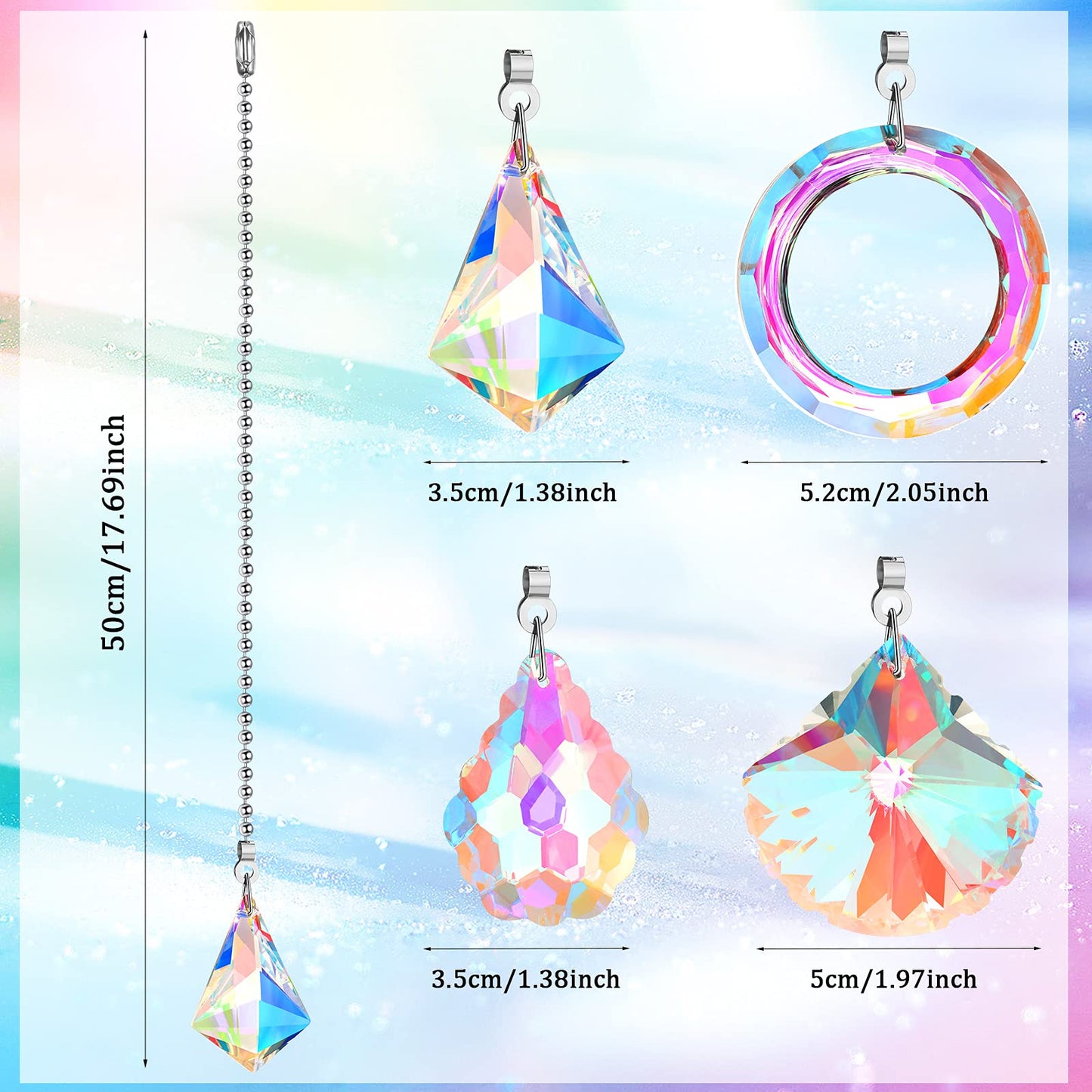 4 Pieces Crystal Ceiling Fan Pull Chain Decorative Rainbow Pull Chain Extension 20 Inch Ceiling Ornament with Ball Connector(Water Drop, Shell, Diamond, Ring)