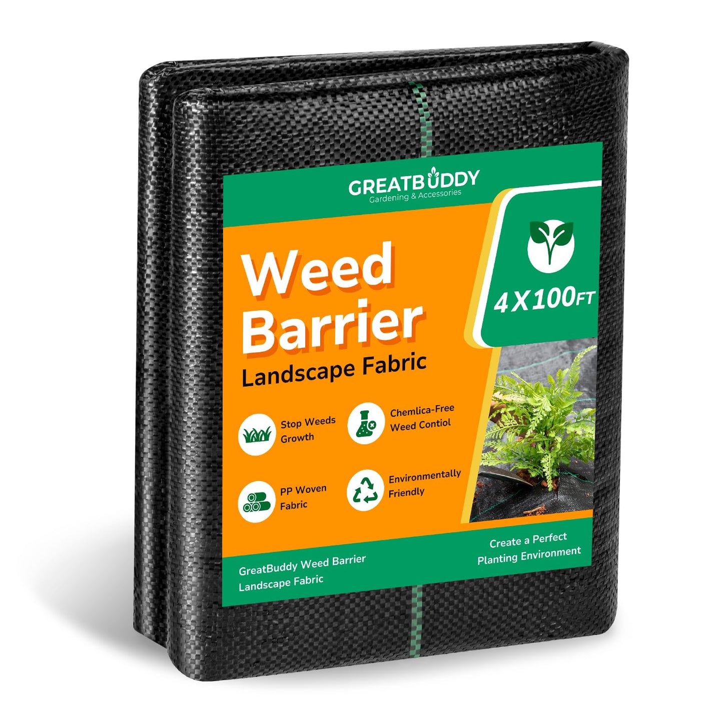 GreatBuddy 4FT × 100FT Weed Barrier Landscape Fabric Heavy Duty, 3.2oz High Density Weed Cloth for Greenhouse, Garden, Yard, Pathway, Ultra-Durable Woven Weed Control Ground Cover, Easy Setup