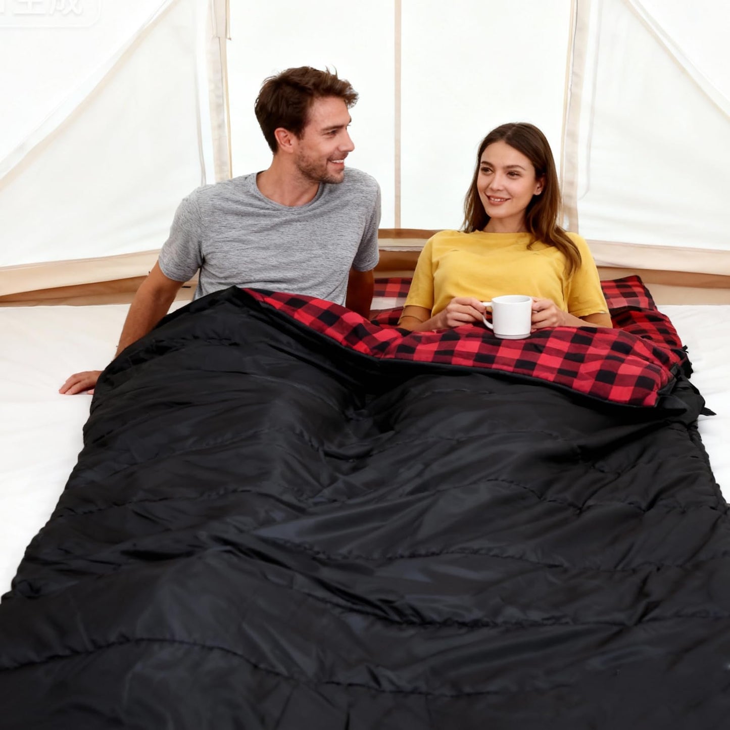 FJALLNOK Double Sleeping Bag Cotton Flannel for Camping, Backpacking Or Hiking. Waterproof,Queen Size Two Person Sleeping Bags for Adults Or Teens. Lightweight with Compression Sack (Black/Red)