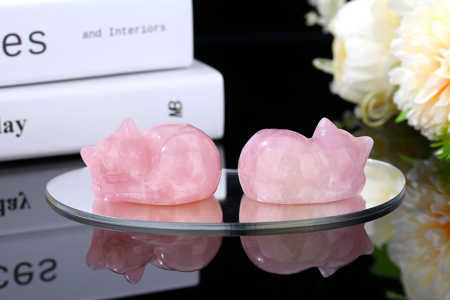YATOJUZI 2" Cat Decors Statue Pink Home Office Desk Decor Rose Quartz Crystals Sleeping Cats Gemstone Hand-Carved Cute Crystal Animal Statues Figurine Kitten Ornaments Gifts for Women