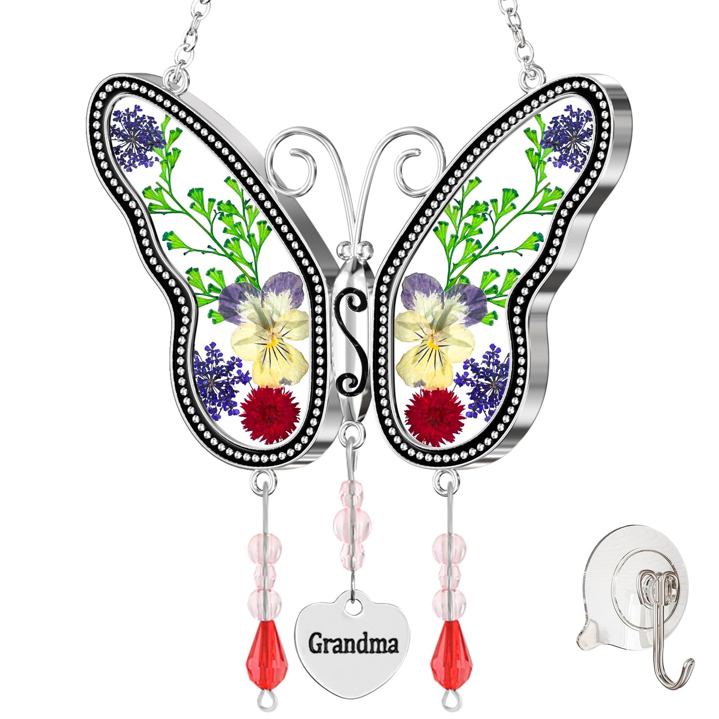 KUNDGLA Butterfly Suncatcher Grandma Stained Glass Sun Catcher for Windows Hangings Ornament with Pressed Real Flower Wings in Glass and Metal Heart Charm Birthday Gift for Women Mothers Day Christmas