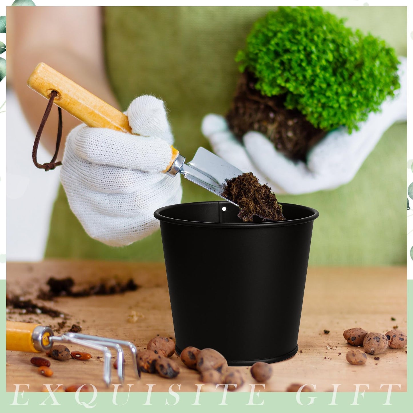 FoldTier 2 Sets Herb Garden Planter Indoor Kit with Trey 10 Pcs Metal Windowsill Plant Pots with Drainage Holes Indoor Herb Planter with Marker and Labels for Home Outdoor Plants (Black)