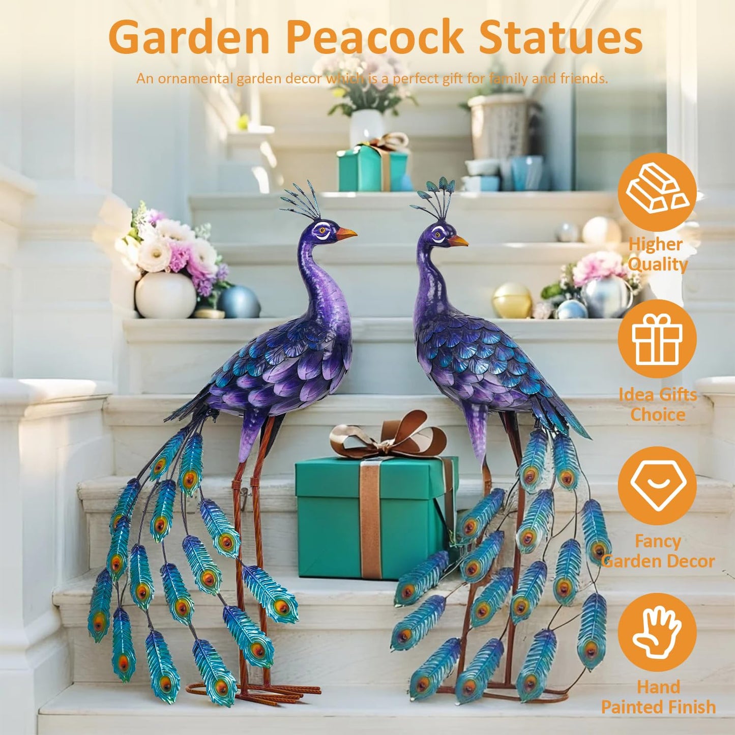 Kircust Purples Peacock Garden Statue and Sculpture, Metal Peacocks Yard Art Lawn Decor, Large Birds Garden Sculptures & Statues for Patio Backyard Pond Home Decoration