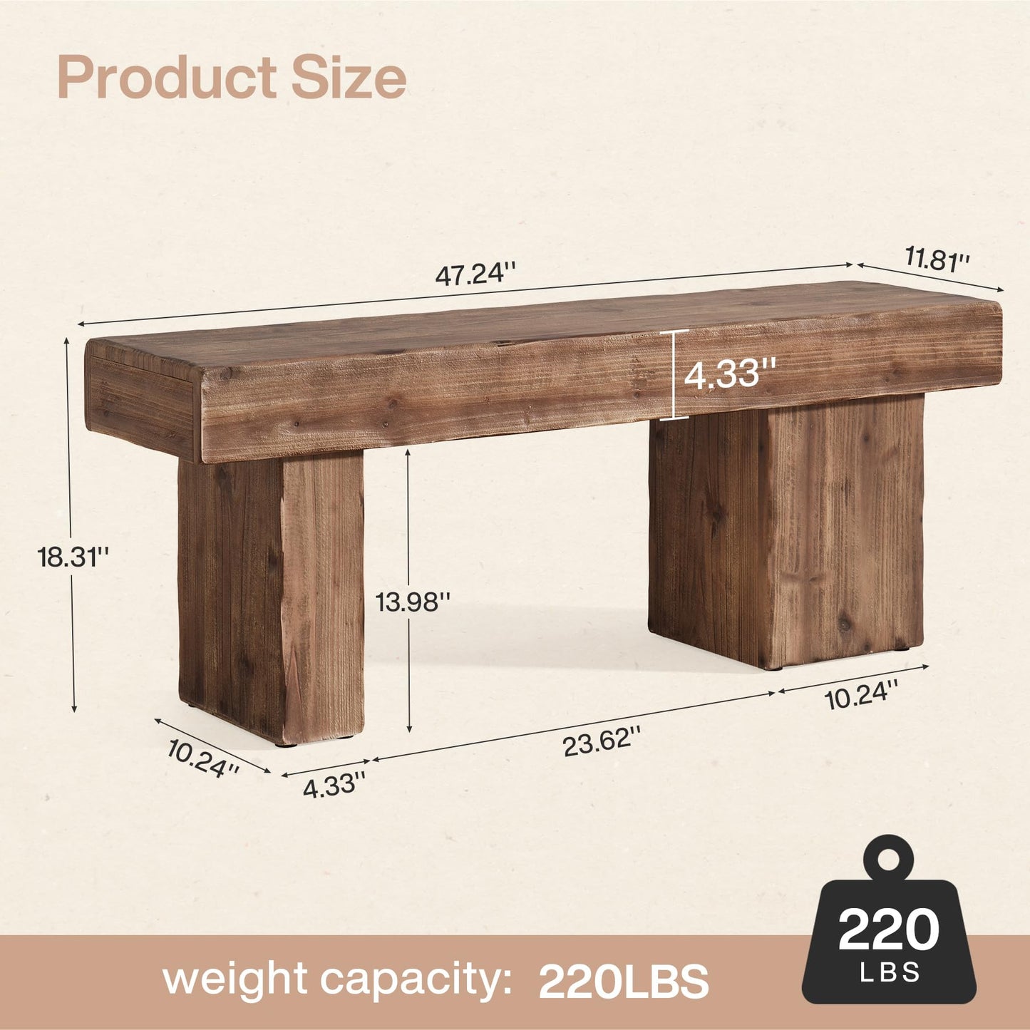 TRIBEWOOD Thickened Solid Wood Bench, 47" Rustic Farmhouse Entryway Bench with Artistic Legs, Heavy Duty Dining Bench for Kitchen, Living Room, Hallway, End of Bed, Natural Wood