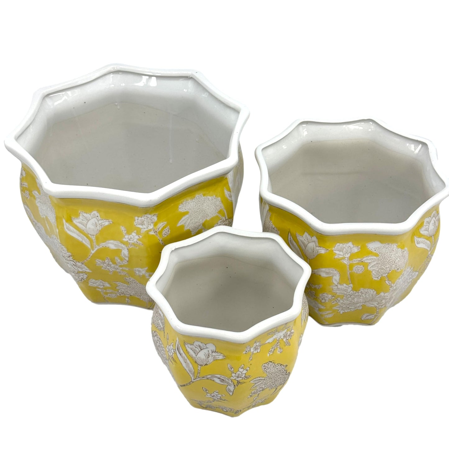 Galt International Yellow & White Round Fluted Floral Porcelain Ceramic Plant Flower Planter Pot Set of 3 (7.5", 10", 13") Garden Pots Chinese Asian Design
