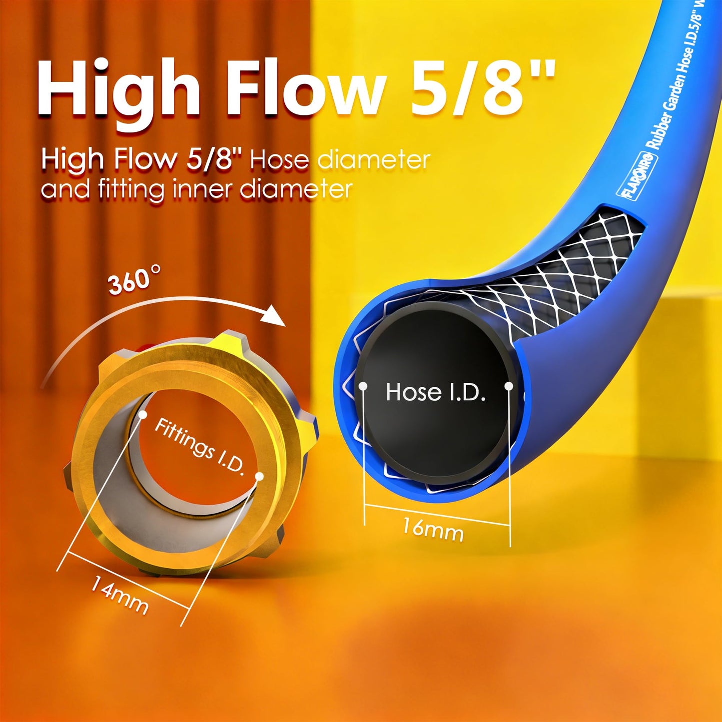 Flaronro 5/8 IN. × 5FT. Heavy Duty Rubber Garden Hose, High Flow 5/8" I.D. Brass Fitting No Memory Durable Heavy Duty Water Hose Leader Hose for Watering, Irrigation, Water Transfer Pump