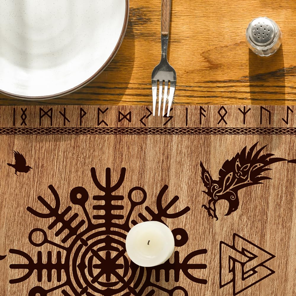 Artoid Mode Wood Viking Tree of Life Raven Helmet of Awe Table Runner, Seasonal Kitchen Dining Table Decoration for Home Party Decor 13x72 Inch