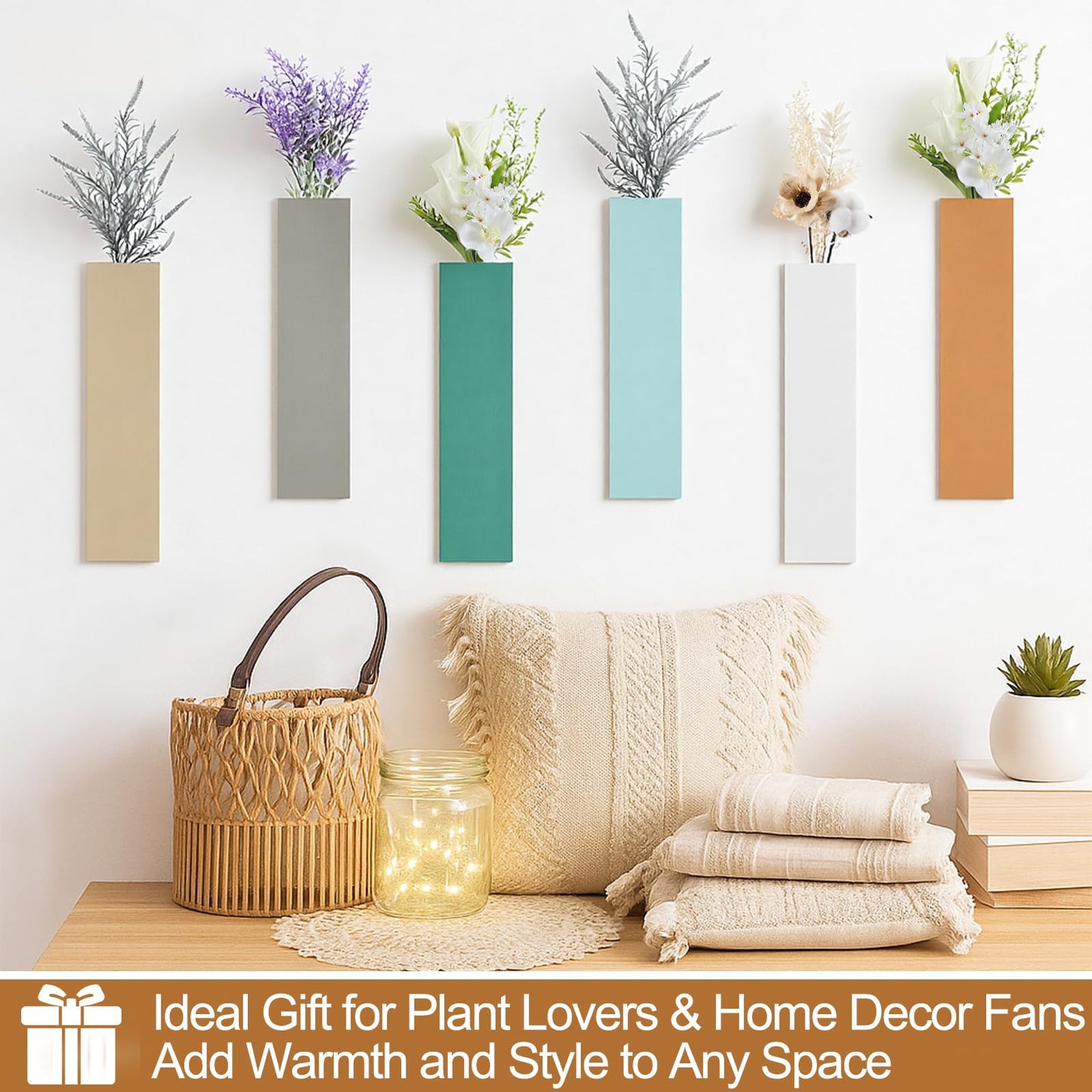 Chunful 6 Pcs Wood Boho Wall Planter Hanging Vertical Wall Vases for Indoor Plants Dried Flowers Faux Greenery Rustic Bohemian Home Decor for Living Room Hallway Office Bedroom Bathroom Apartment