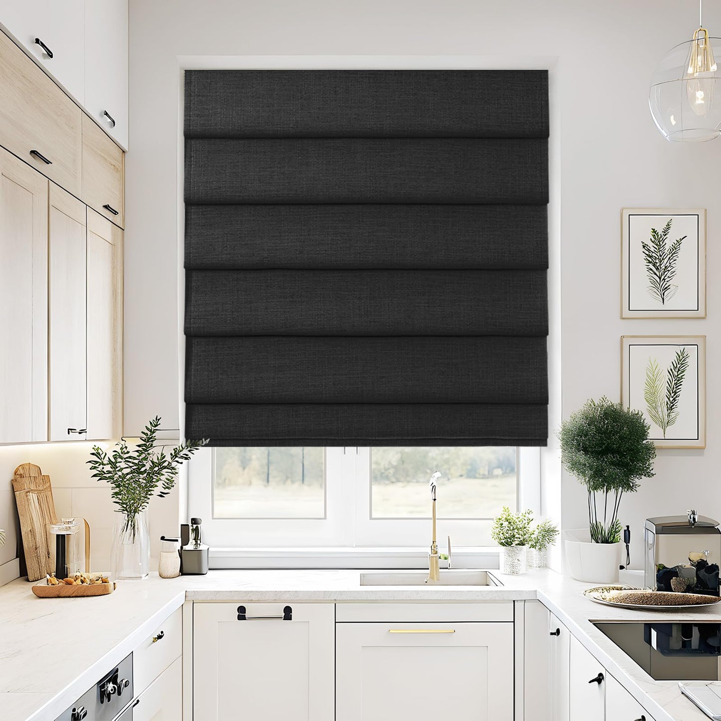 Drapifytex Day Night Cordless Roman Shade Black Blackout Roman Window Shade, Customized Faux Linen Privacy Roman Blind for Indoor Windows Washable Fabric Shade, 1 Piece