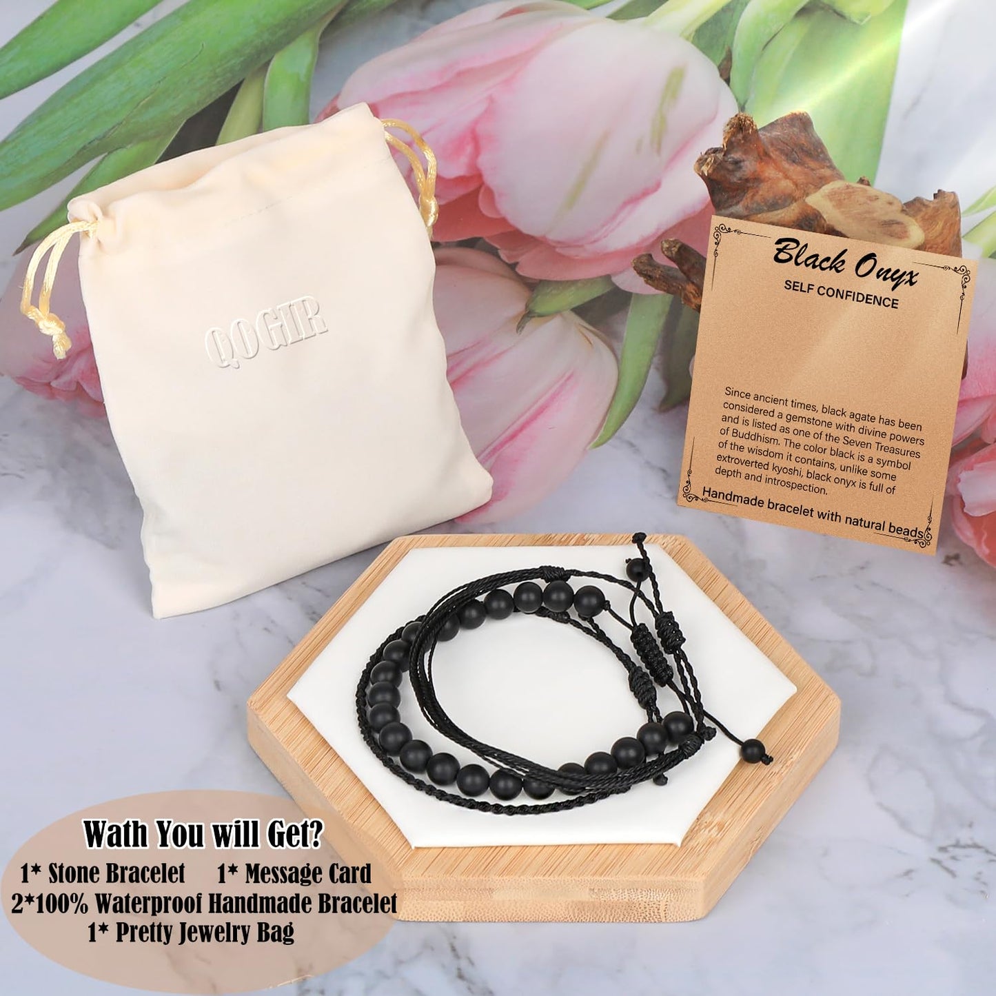QOGIR Handmade Healing Bracelets, 8mm Matte Black Onyx Bracelet Black Beaded Bracelets for Men Women with 2PCS Size Adjustable Rope Bracelets