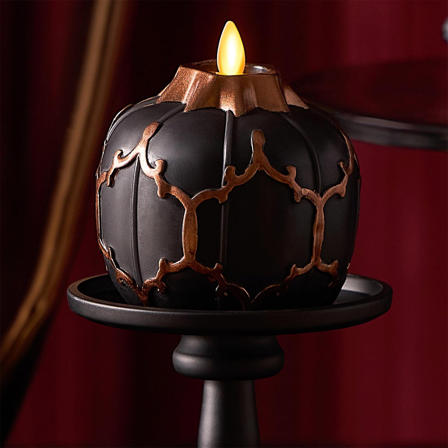 Luminara Black Embossed Fretwork Pumpkin Candle, 3.8" x 4.3" Flickering Flameless LED Light, AA Batteries (Sold Separately) w/Timer, Real Wax Indoor Fall Halloween Decor Table Mantel Decoration