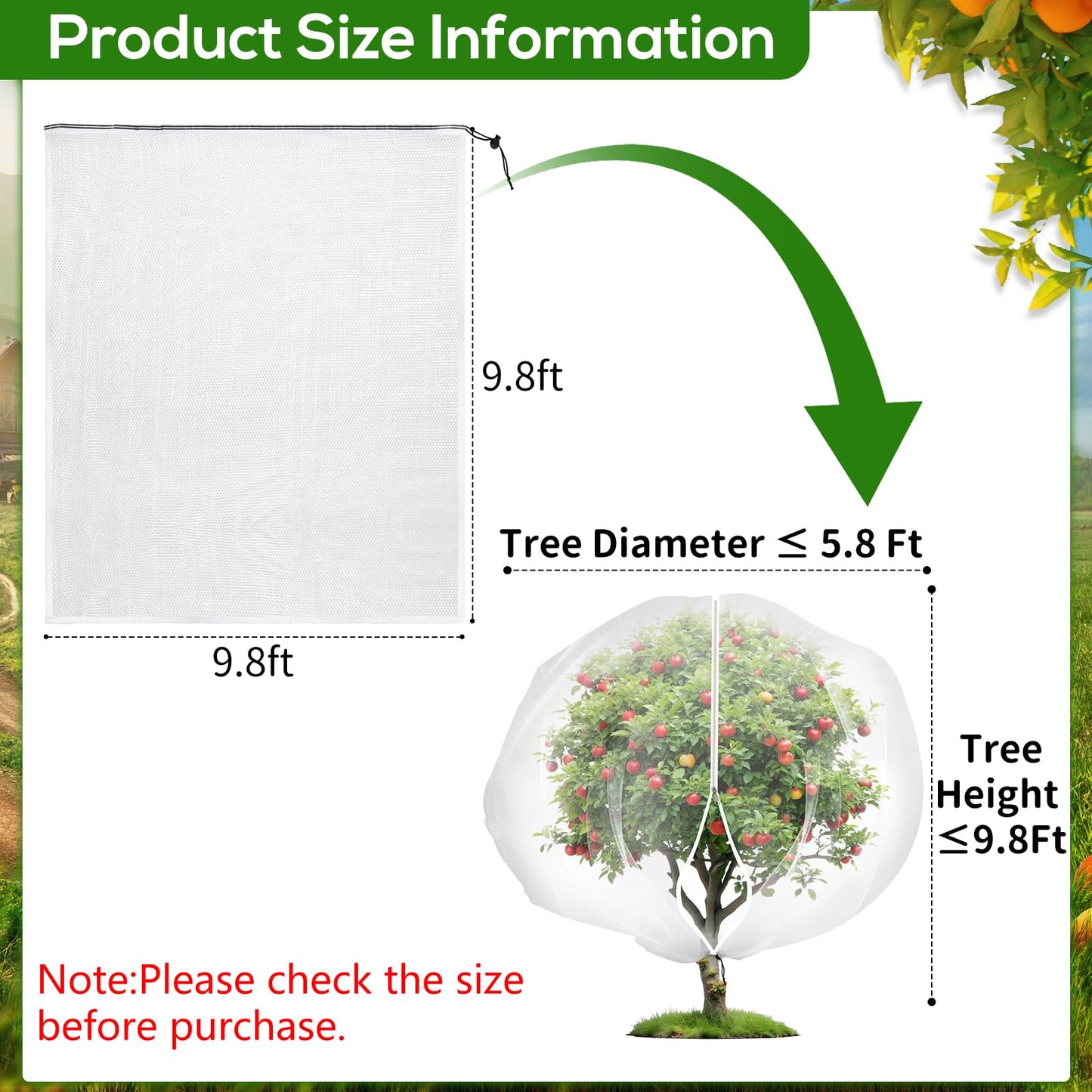 9.8 x 9.8 ft Large Fruit Tree Netting Cover with Zipper and Drawstring,Garden Insect Netting Plant Cover Transparent Bird Plant Barrier Flower Fruit Mesh Screen for Preventing Deer Squirrel Bug