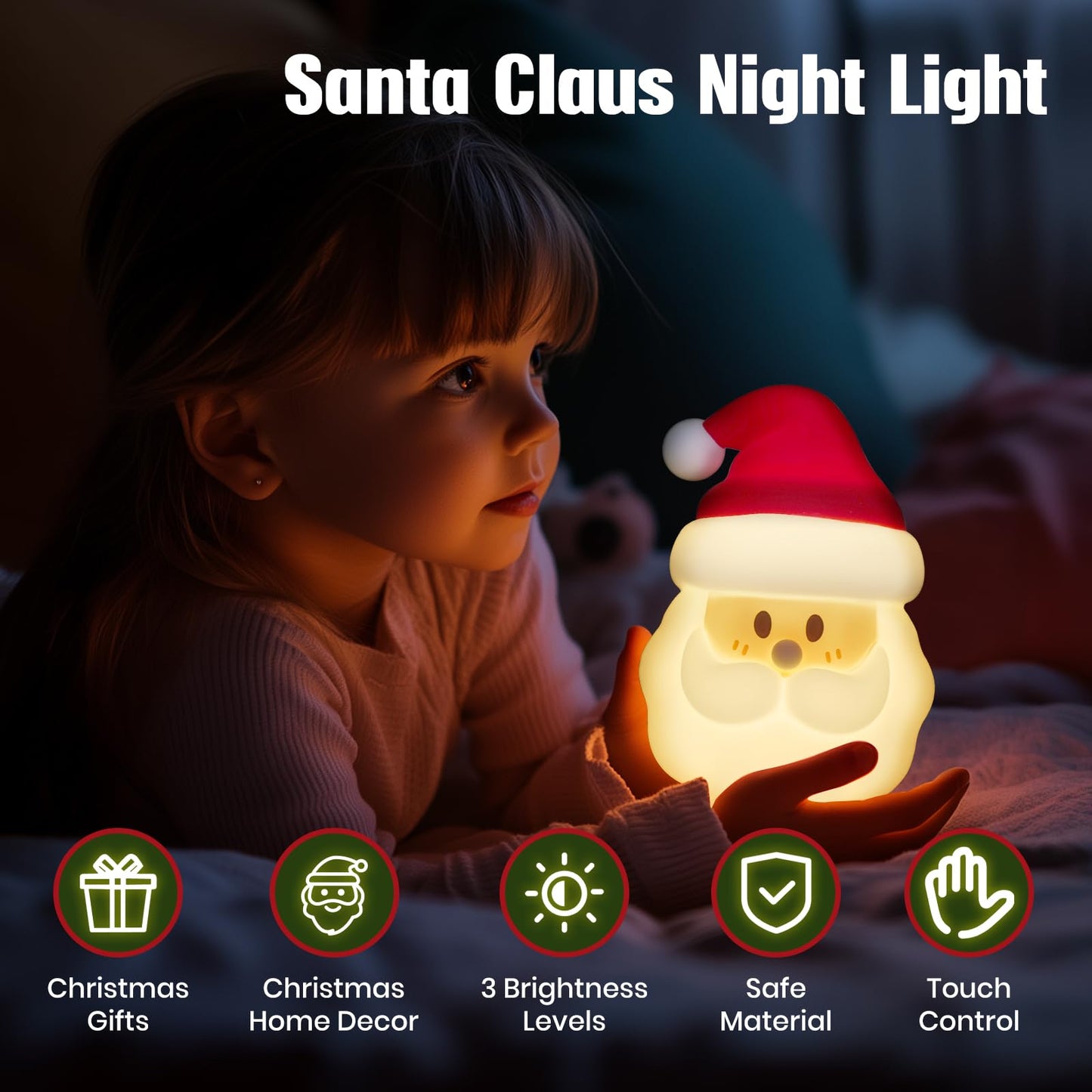 Christmas Night Light, Nursery Santa Squishy Light, Wireless Rechargeable Silicone Night Light ,Table Bedside Lamp, Kids Funny Christmas Gift, Touch-Activated Lamp，Xmas Bedroom living room Dorm Decor