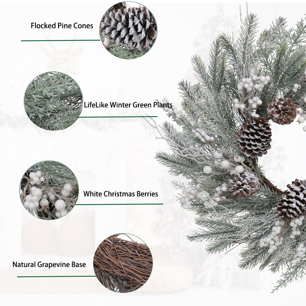 Christmas Wreath for Front Door 26" Large White Xmas Wreath with Frosted Pinecone Berries Battery Operated LED Wreath for Christmas Outdoor Window Fireplaces Walls Home Winter Decor, Briful