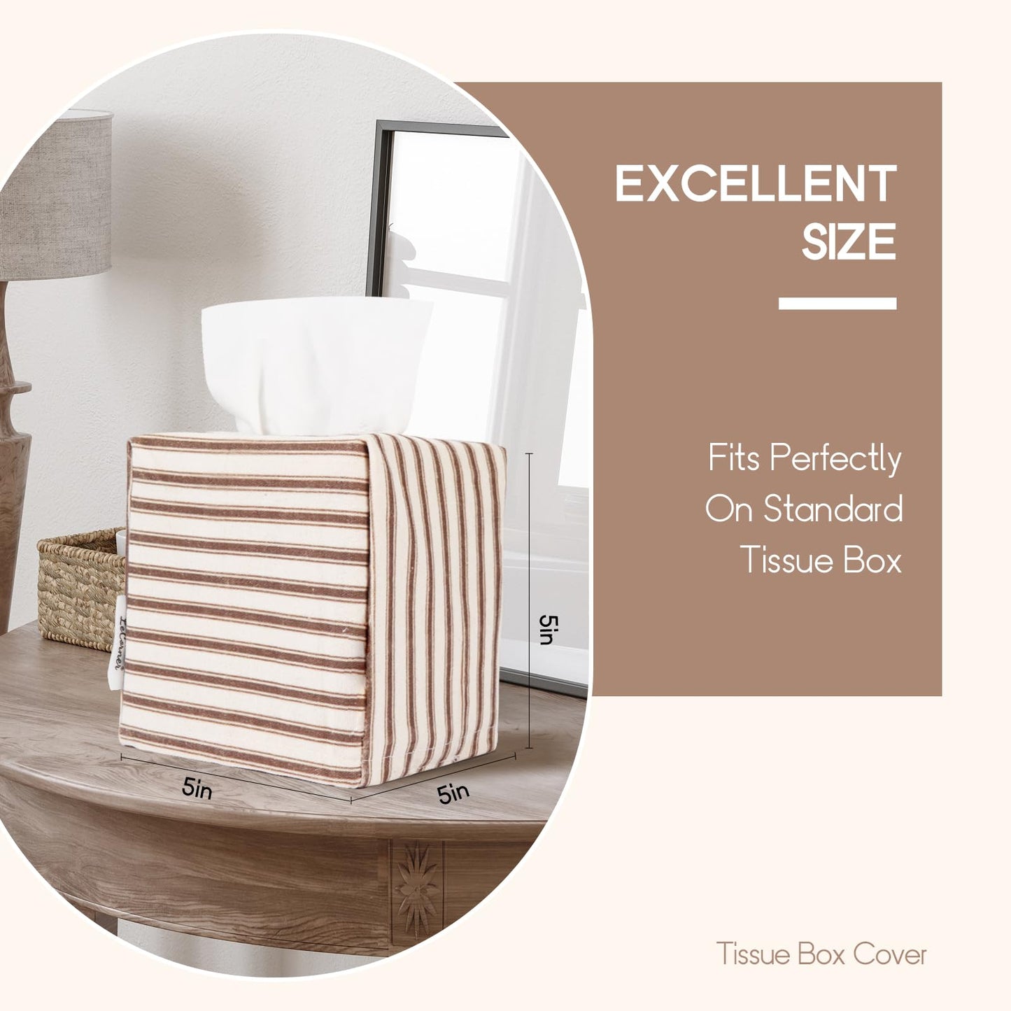 Tissue Box Cover, Fabric Tissue Box Holder Square, Stylish Reusable Toilet Paper Storage, Modern Bathroom Counter Organizer Decorations Accessories,Ticking Stripe 5''x5''x5'' (Light Brown)
