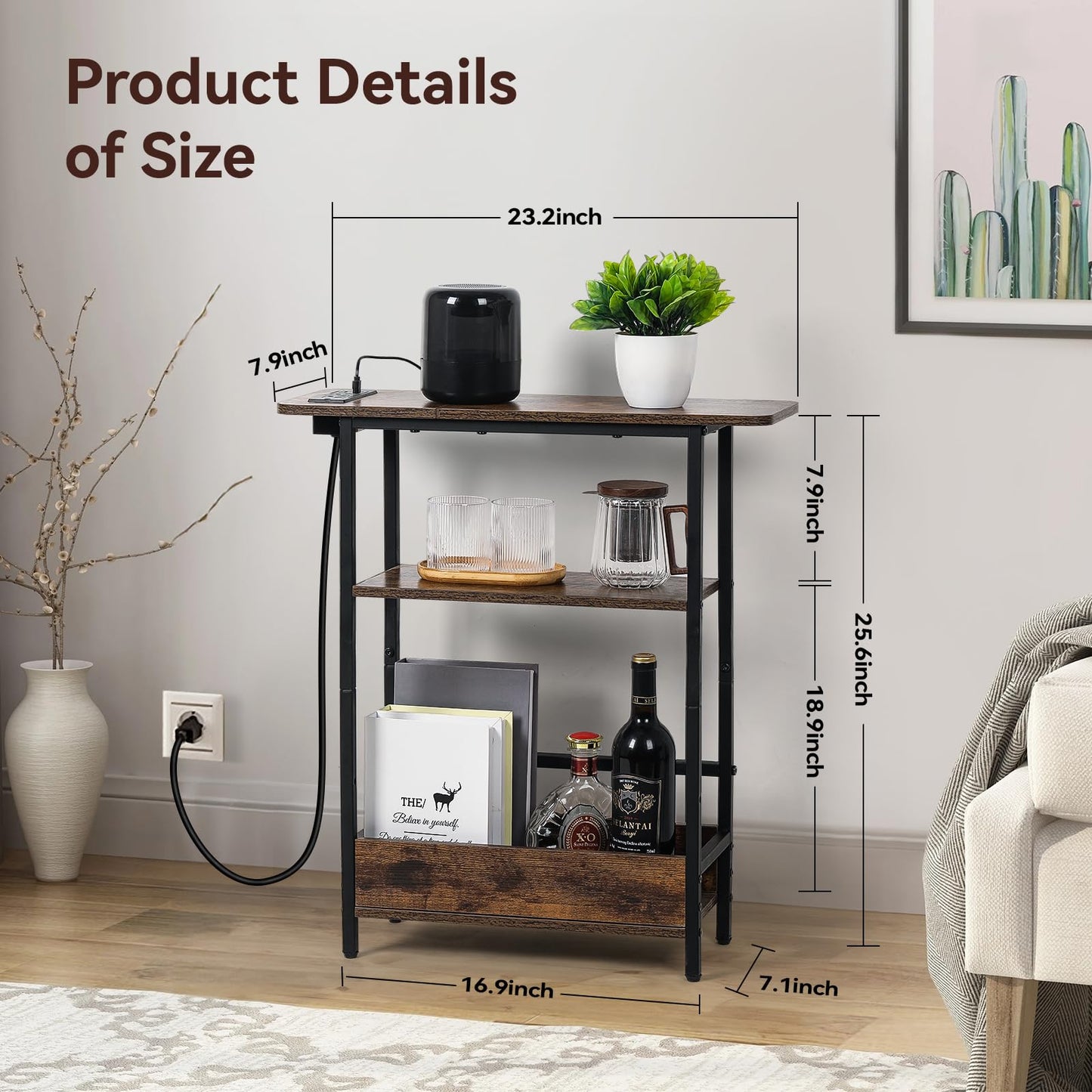 Narrow Side Table with USB-C Charging Station, 3-Tier Slim End Table with Magazine Holder, Modern Thin Side Table for Couch or Small Spaces, Skinny Nightstand for Living Room or Bedroom
