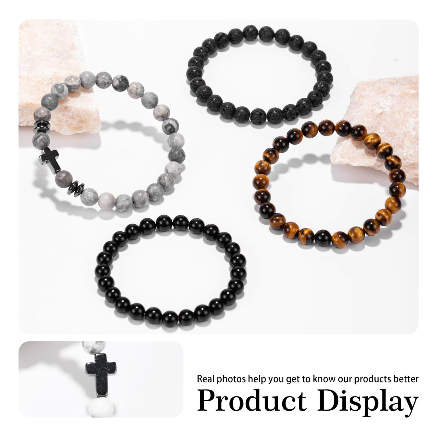 Crystery Men Beaded Bracelets, 8mm Natural Stone Bracelet, Healing Crystal, Jewelry Gifts for men, Triple Protection, Map Stone, Tiger Eye, Black Obsidian Beads Bracelets, Lava Rock, Pack of 4