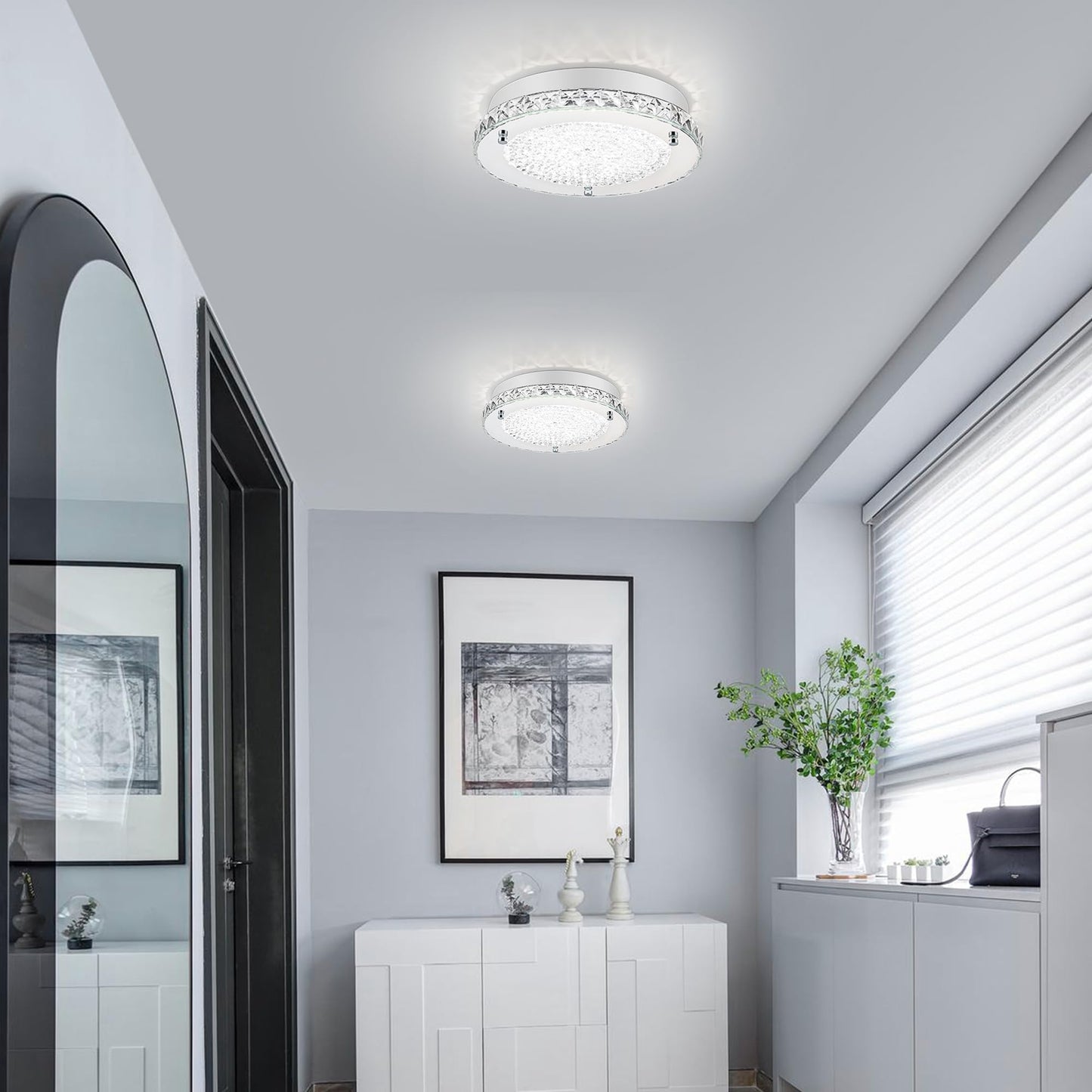 Lzawvm Crystal Flush Mount Ceiling Light 18W LED Dimmable Modern Ceiling Light for Bedroom, Closet, Foyer, Hallway, Dia 11 Inch, 3 Color Change