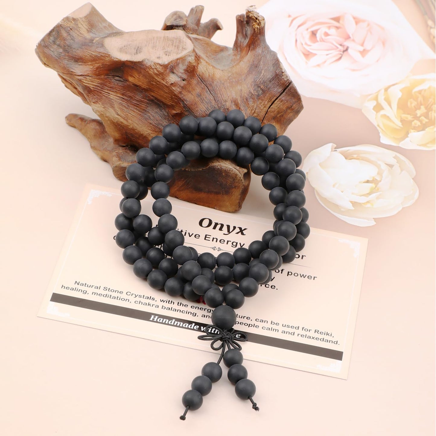 AD Beads 8mm 108 Prayer Mala Matte Onyx Elastic Bracelet - Peace and Tranquility - Handmade Yoga Meditation Healing Power Energy Gifts for Unisex Adult.