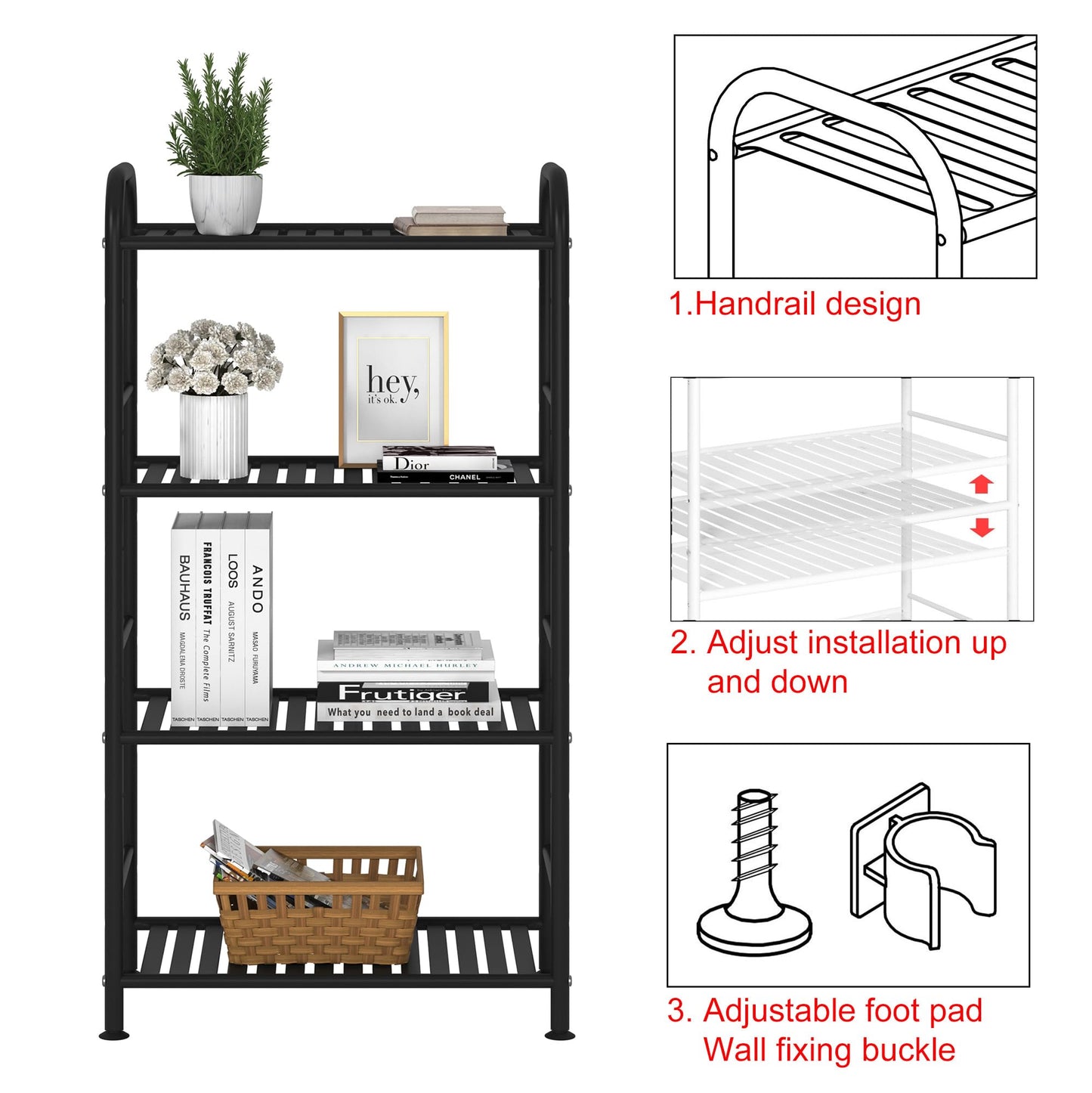 JSB 4-Tier Adjustable Shelving Unit, Heavy Duty Storage Rack Organizer Metal Corner Shelf for Kitchen Living Room Laundry Pantry Bathroom (Black, 4 Tier)…