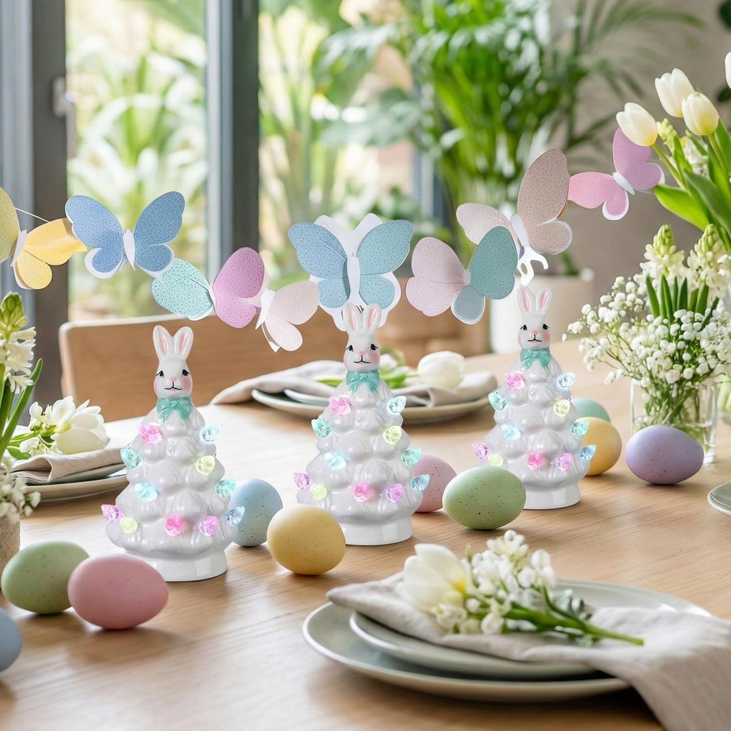 Leinuosen 6 Set Mini 4 Inch Easter Bunny Ceramic Tabletop Tree with LED Lights Easter Bunny Hanging Light up Hanging Ornaments Pre Lit Hand Painted for Table Home Office Holiday Decorations