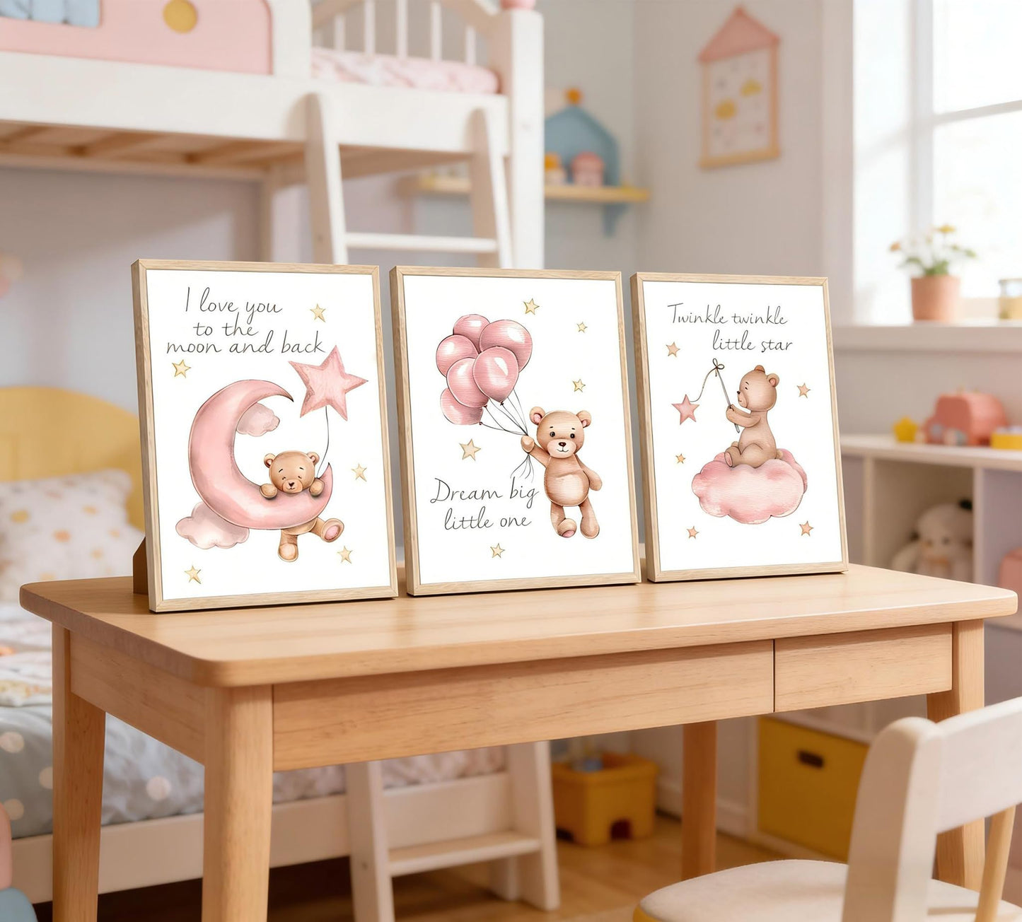 3Pcs Pink Teddy Bear Nursery Wall Art Prints, Dream Big Little One I Love You to the Moon and Back Twinkle Twinkle Little Star Posters, Baby Girl Room Decor for Nursery Playroom 12x16in Unframed