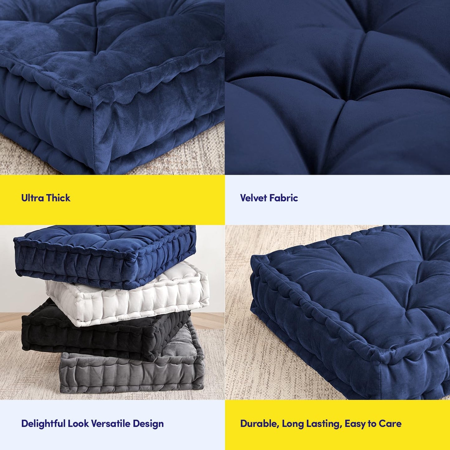 Floor Pillow Large Square Tufted Decorative Cushion 20" x 20" Faux Velvet Fabric Ultra Thick Fill for Kids and Adults, 1 Pack, Navy