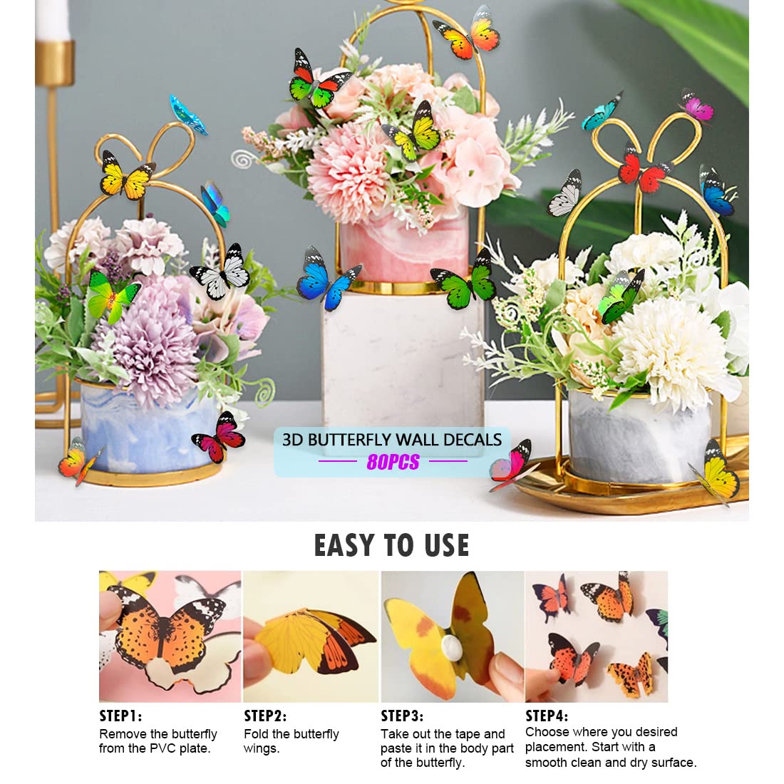 80pcs Butterfly Wall Decor - Plastic Butterflies Wings Foldable Removable Waterproof Reusable Mural Wall Stickers for Home Room Bedroom Party Wedding Christmas Decorations