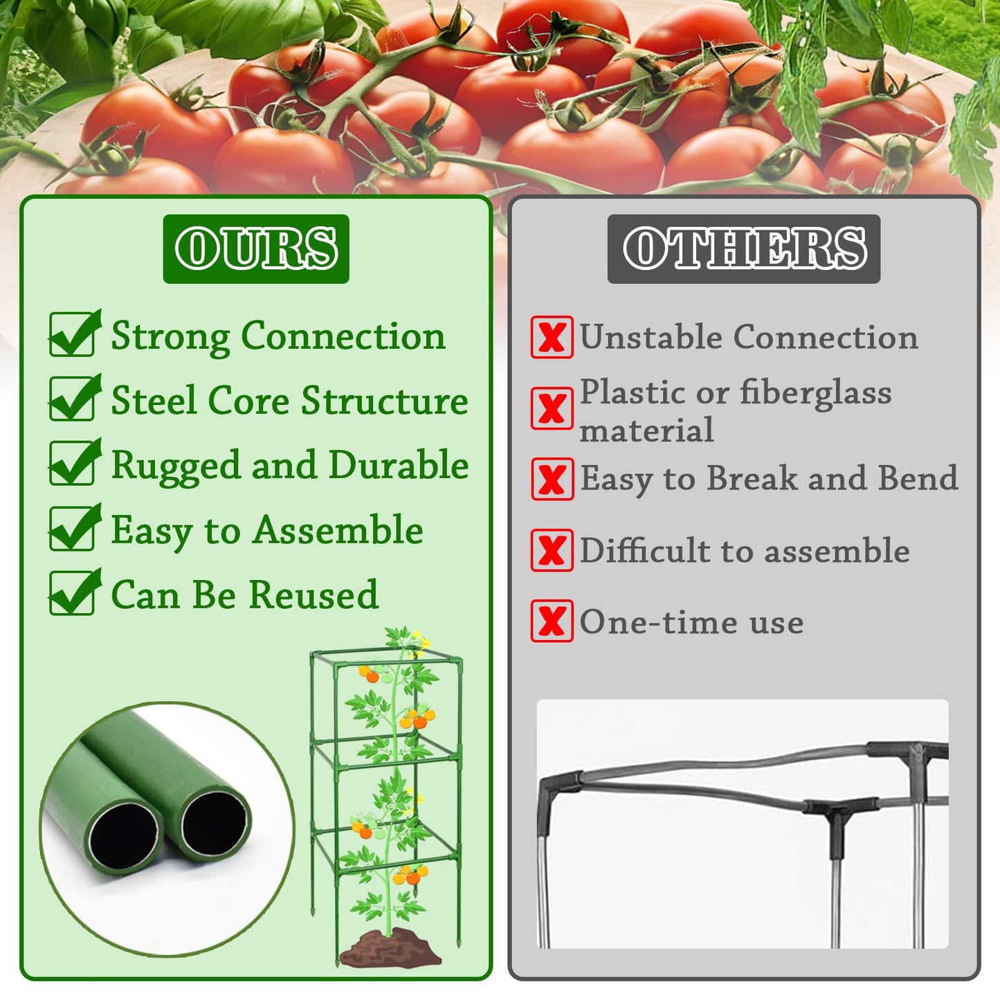 ZeeDix 2 Pack Heavy Duty Tomato Cages for Garden 60 Inches, Square Adjustable Tomato Trellis Cage Climbing Plant Support Trellis Plant Cages for Climbing Vegetables Flowers with 20Pcs Clips