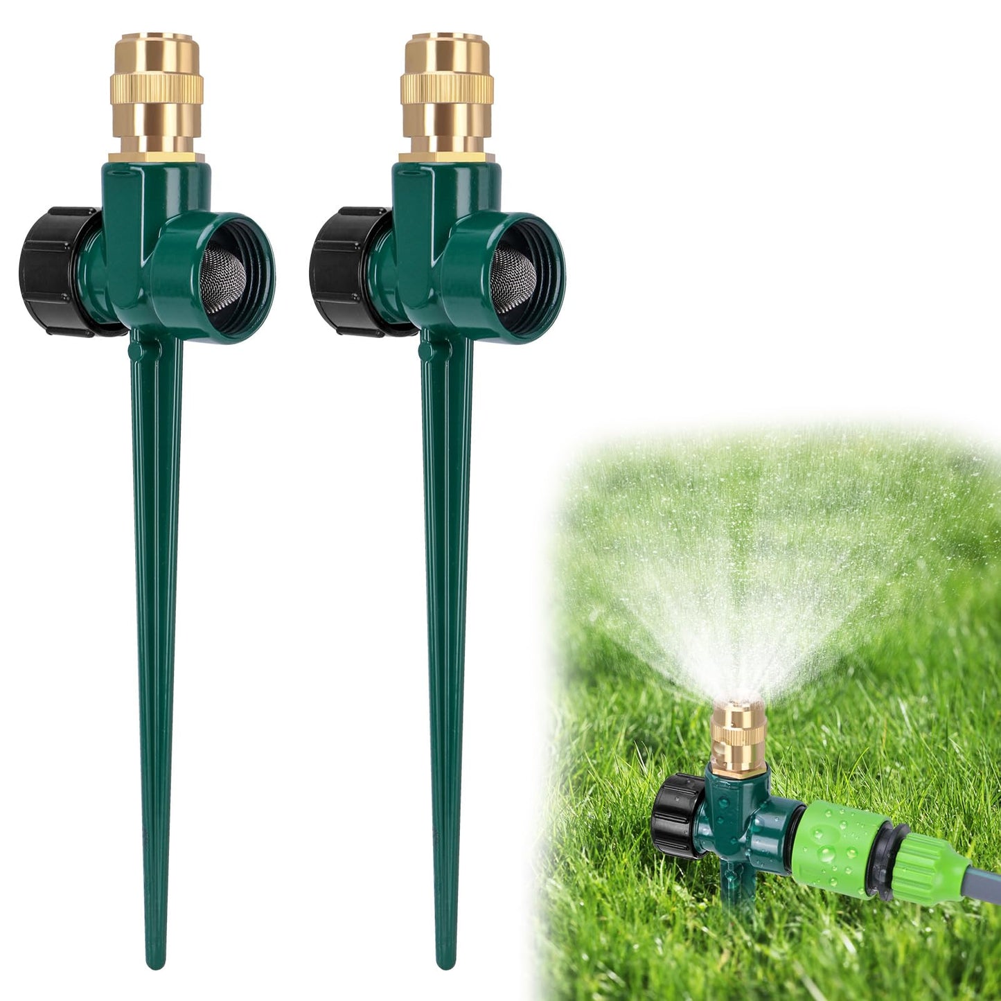 2 Pack Metal Lawn Sprinklers for Yard, Automatic Water Sprinklers with Spike Base, Adjustable Brass Sprinkler Nozzle with 360 Degree Large Area Coverage for Lawn Grass and Garden Irrigation (Green)