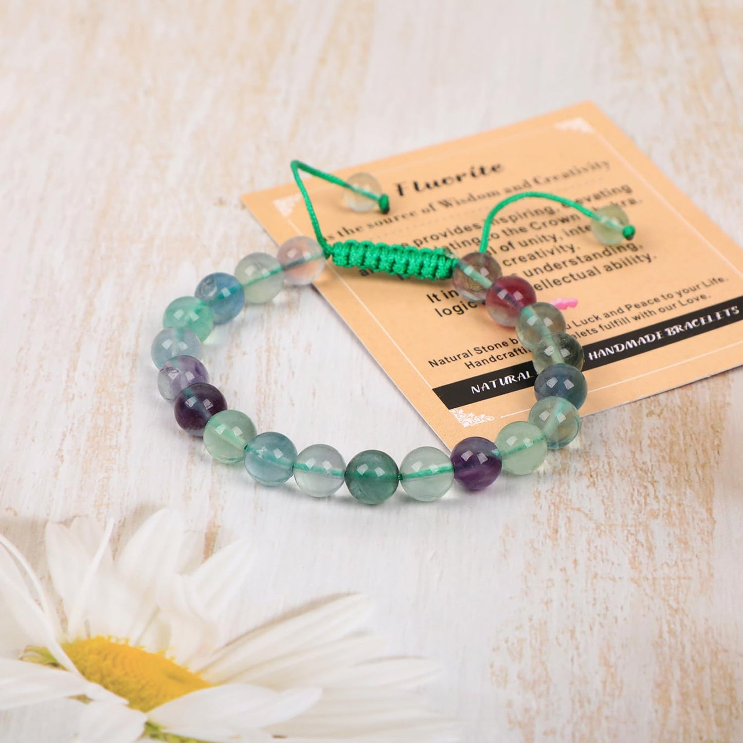 8mm Fluorite Bracelet - Stone of is the source of Wisdom and Creativity - Handmade Natural Stone Crystal Bracelet with Adjustable Macrame String - Yoga Healing Power Energy Gifts for Men and Women