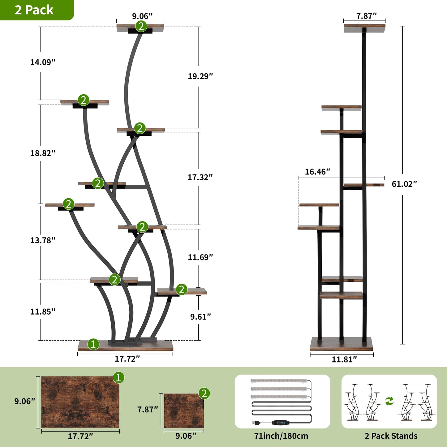 Plant Stand Indoor with Grow Lights - Lighted Plant Shelf Indoor Tall, 61" 9 Tier Large Plant Stands for Indoor Growing, 2 Pack Corner Flower Shelf, Winged Metal Holder for Home Living Room, Black